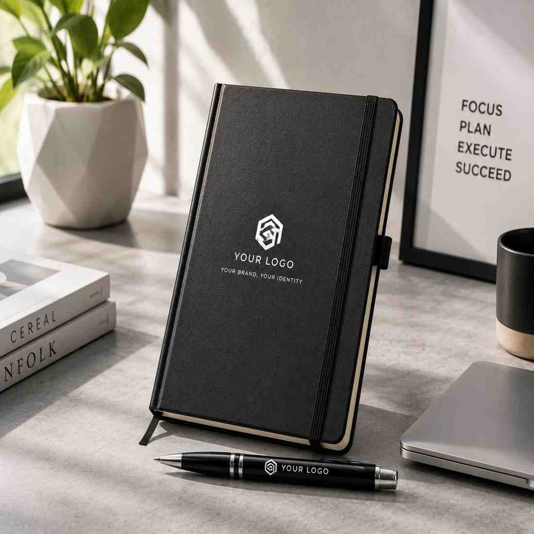 Luxury custom logo notebook and pen set displayed on a marble desk with gold lamp and business books