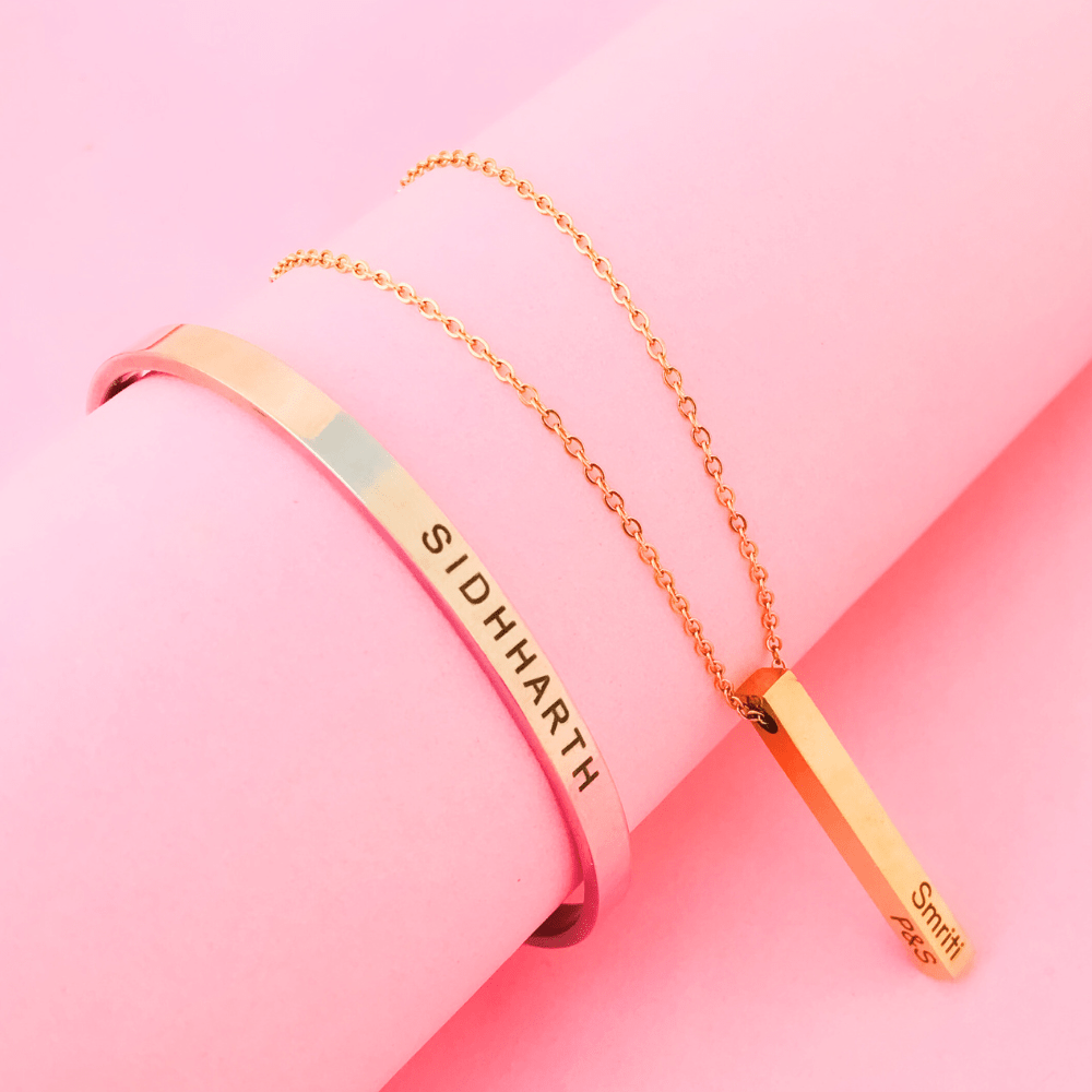 Custom name bracelet and necklace combo in gold and rose gold with engraved names for personalized gifts