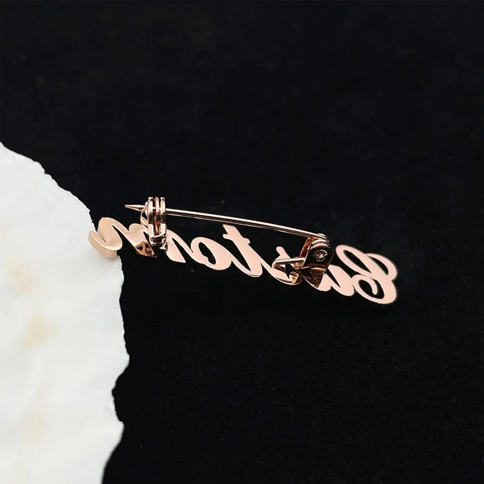 rose gold custom name brooch for men with stylish script name design
