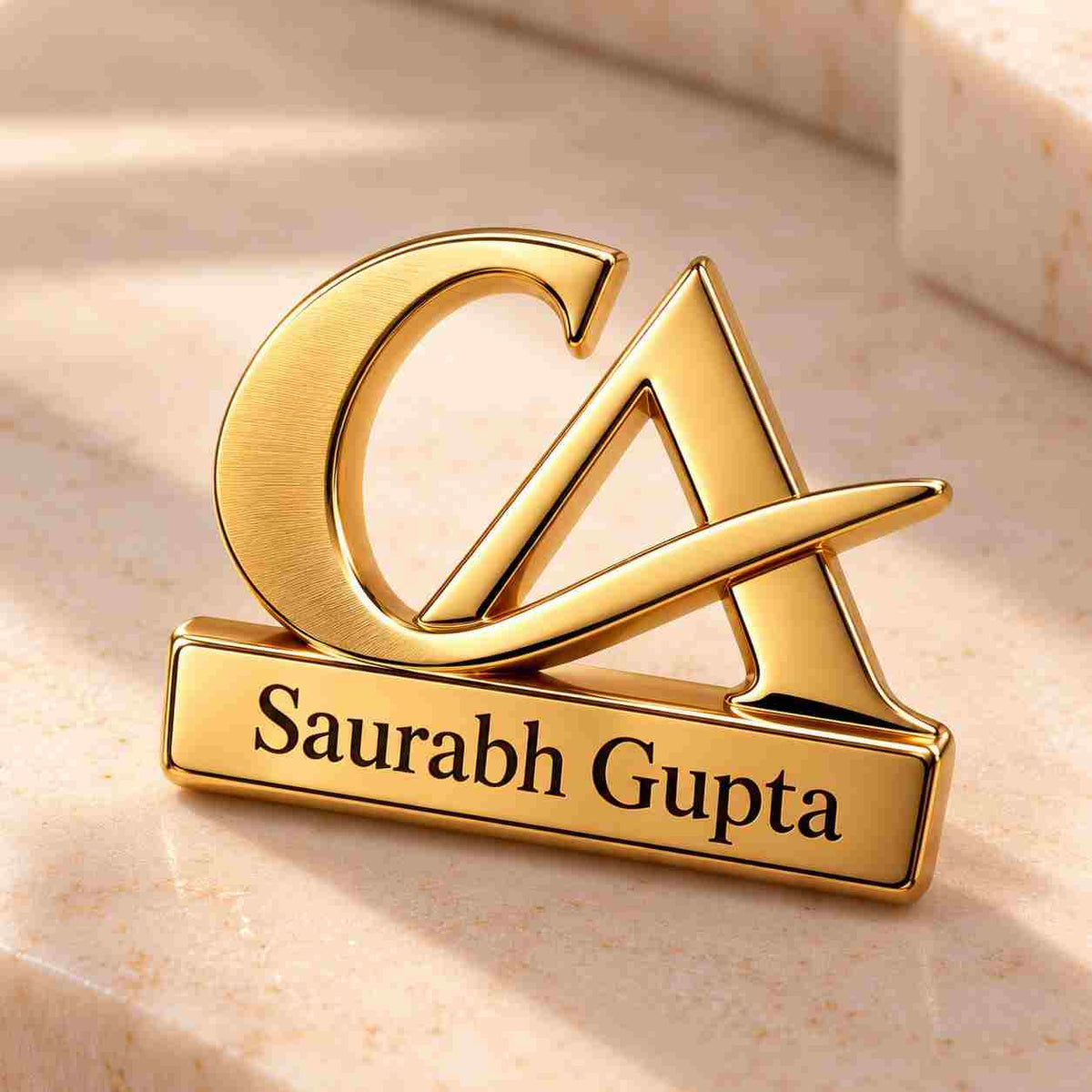 Custom Name CA Brooch with gold finish featuring the name Saurabh Gupta