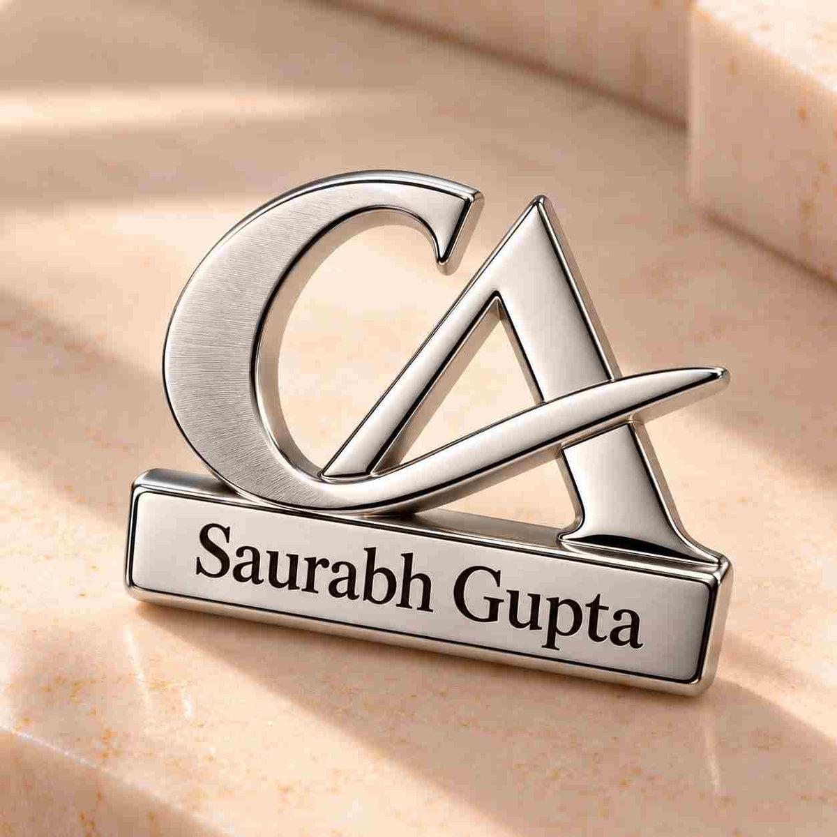 Custom Name CA Brooch with Saurabh Gupta engraved in silver and modern design