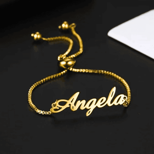 Custom name chain bracelet in gold featuring the name Angela with an adjustable clasp