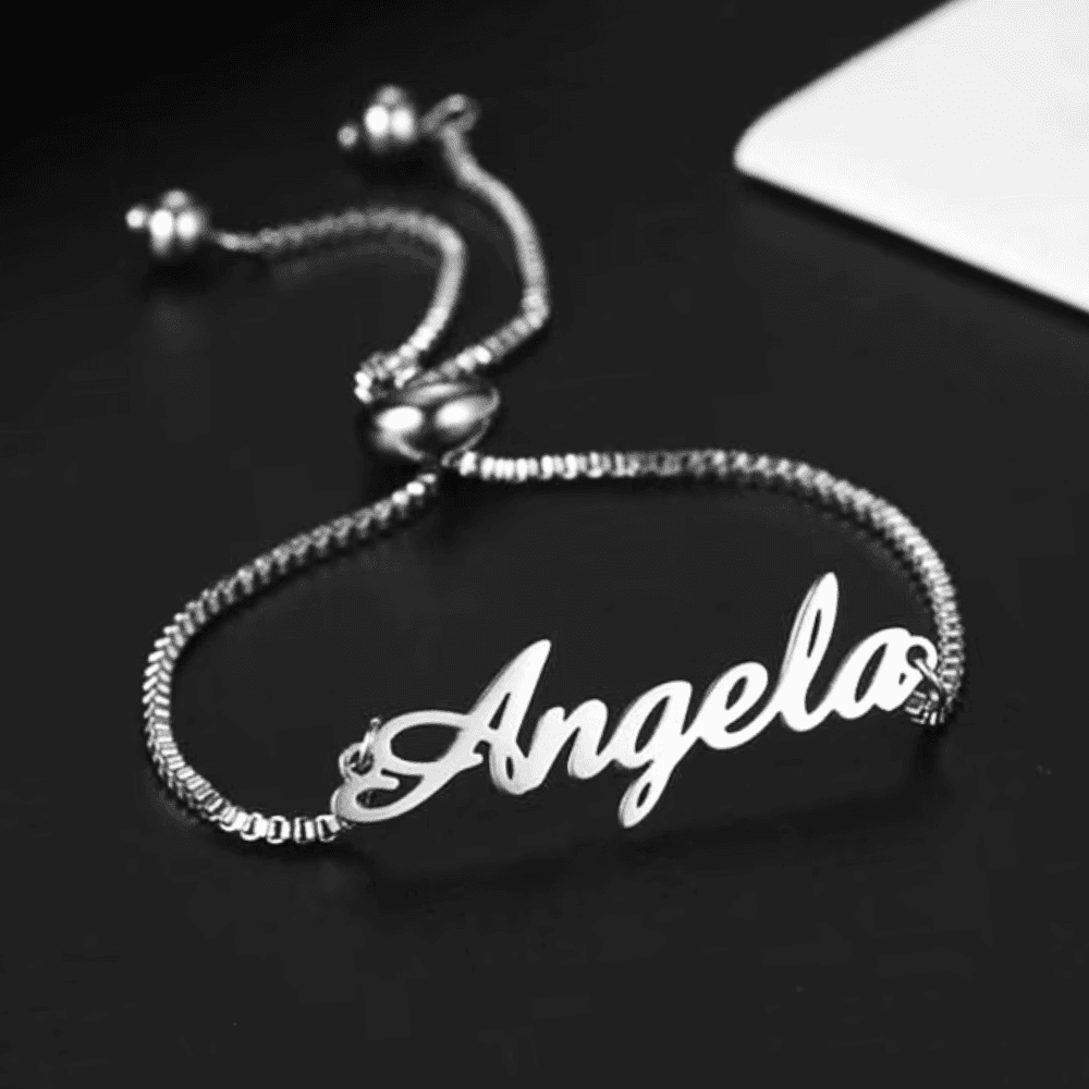 Custom name chain bracelet featuring the name Angela in elegant silver design