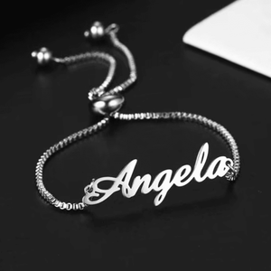 Custom name chain bracelet featuring the name Angela in elegant silver design