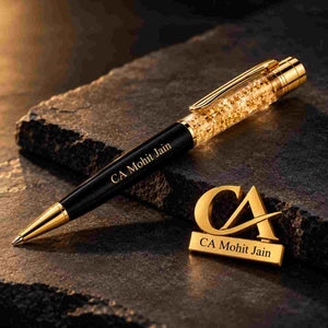 Custom Name Pen and Brooch Set for CA in black and gold featuring personalized name Mohit Jain