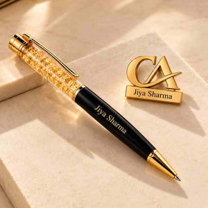 Custom Name Pen and Brooch Set for CA with personalized name Jiya Sharma in gold and black finishes