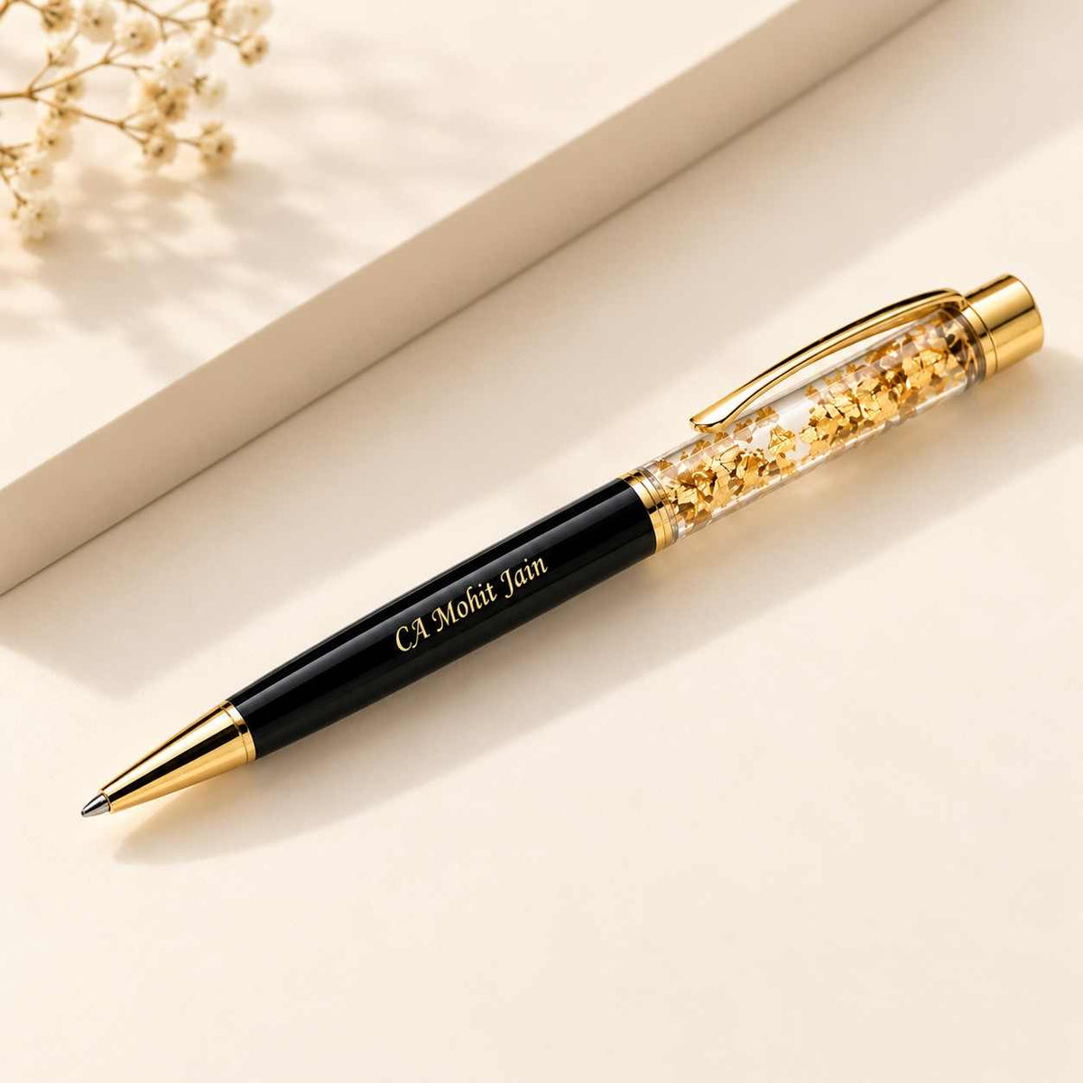 Custom Name Pens for CA with gold glitter, personalized for CA Mohit Jain, sleek black finish