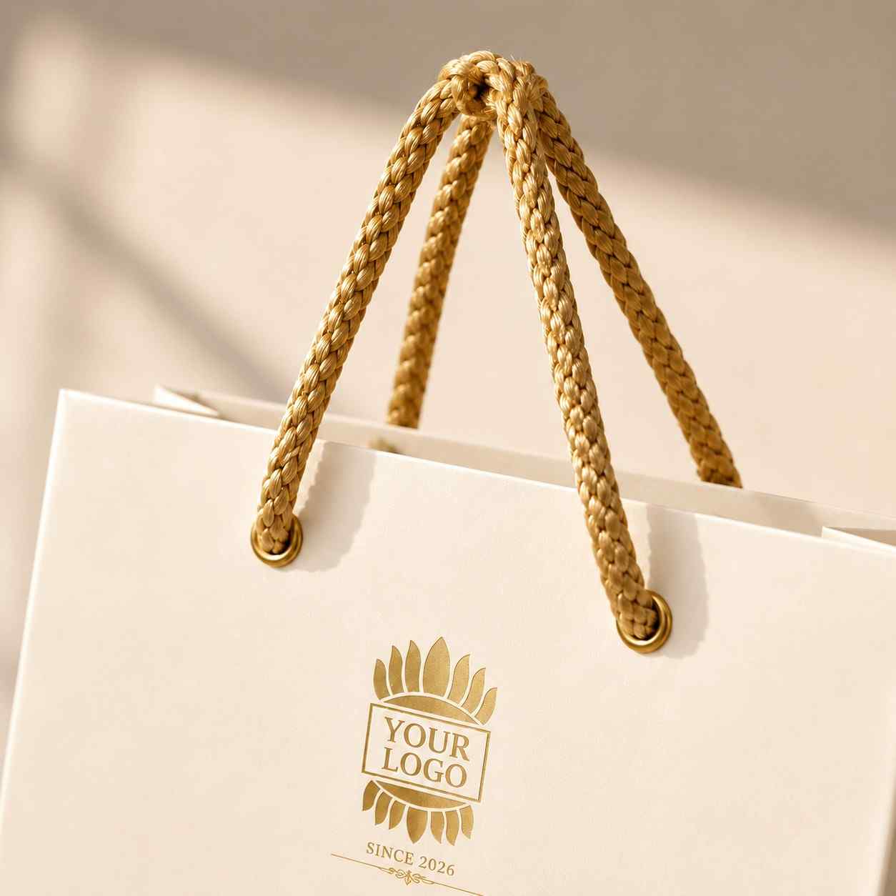 Elegant white paper carry bag with golden logo and braided handles for stylish shopping