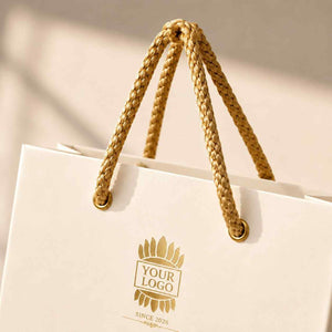 Elegant white paper carry bag with golden logo and braided handles for stylish shopping