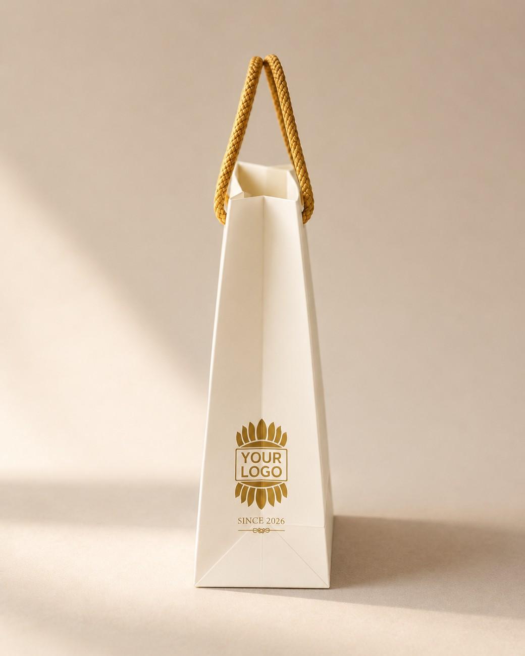 Stylish Paper carry bag with a golden logo and braided rope handle for eco-friendly shopping
