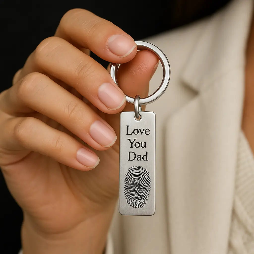 Woman holding a custom fingerprint keychain engraved with message “Love You Dad”