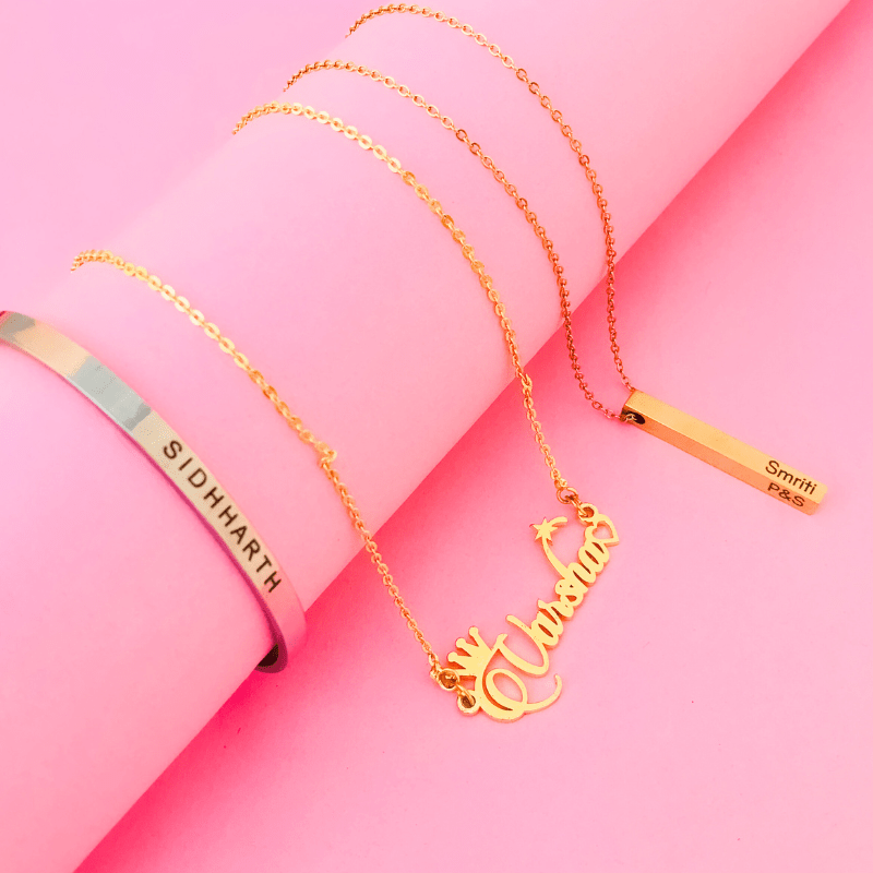 Customized name chain online India featuring personalized gold necklaces with unique designs