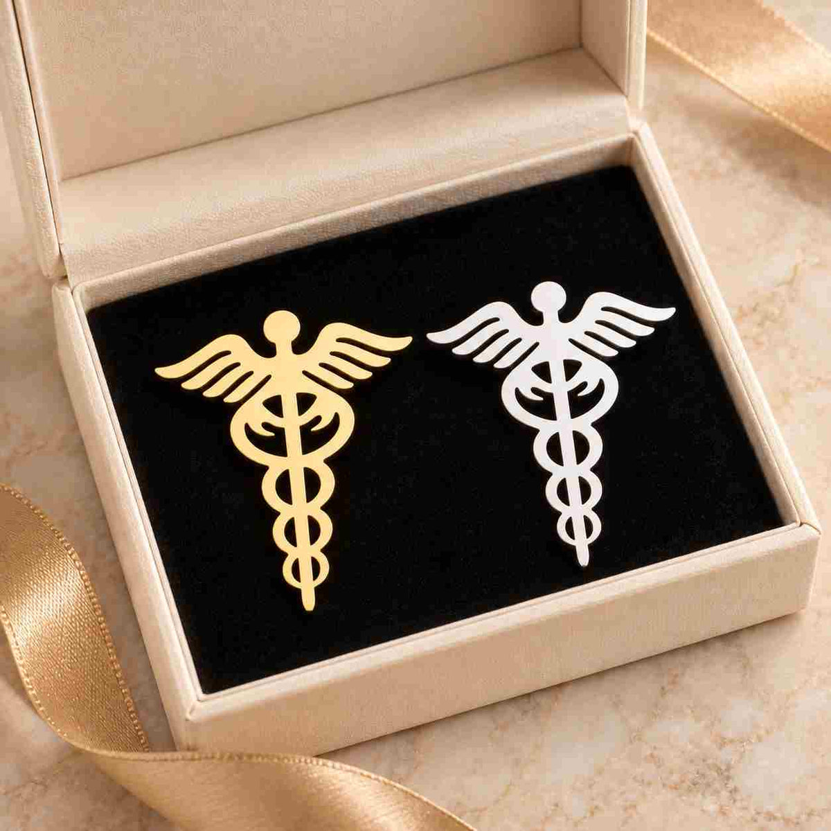 Doctor Brooch Medical Brooch set in gold and silver finish featuring caduceus design, ideal for medical professionals