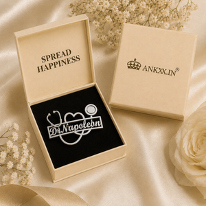 Silver doctor brooch with name in Ankx gift box packaging with flowers 
