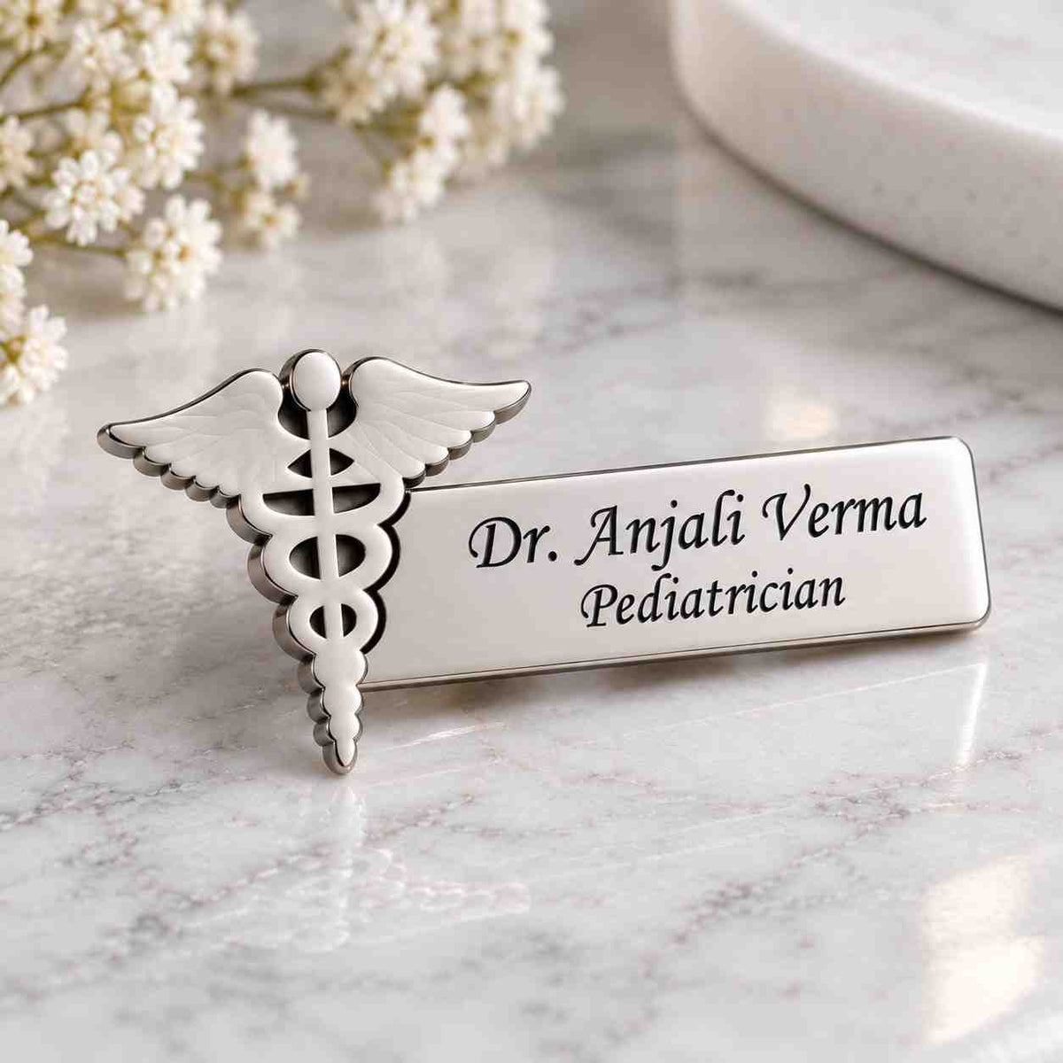 Doctor Name Badge for Dr. Anjali Verma with Caduceus Design in Silver Finish