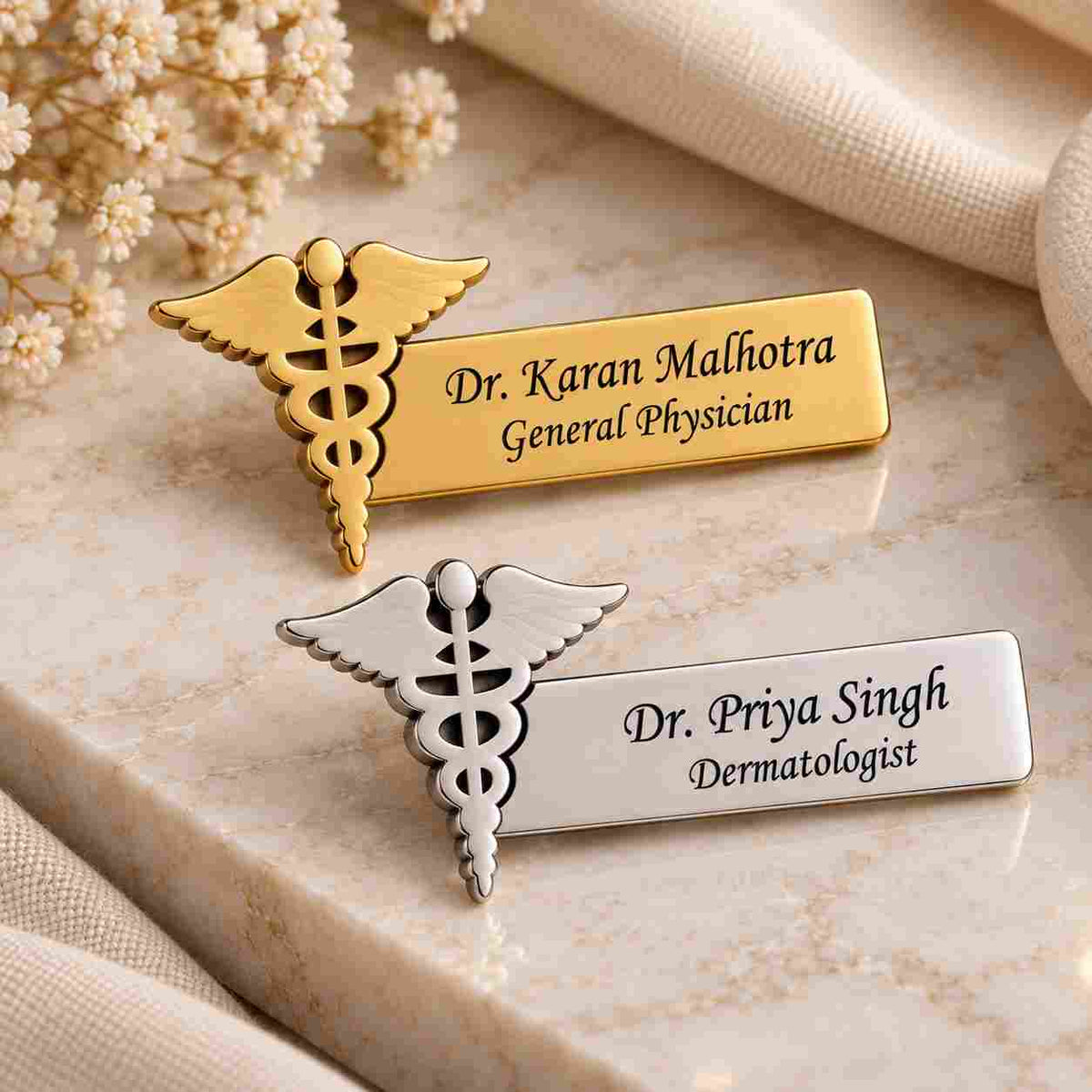 Doctor Name Badge in gold and silver with personalized names and caduceus design for medical professionals