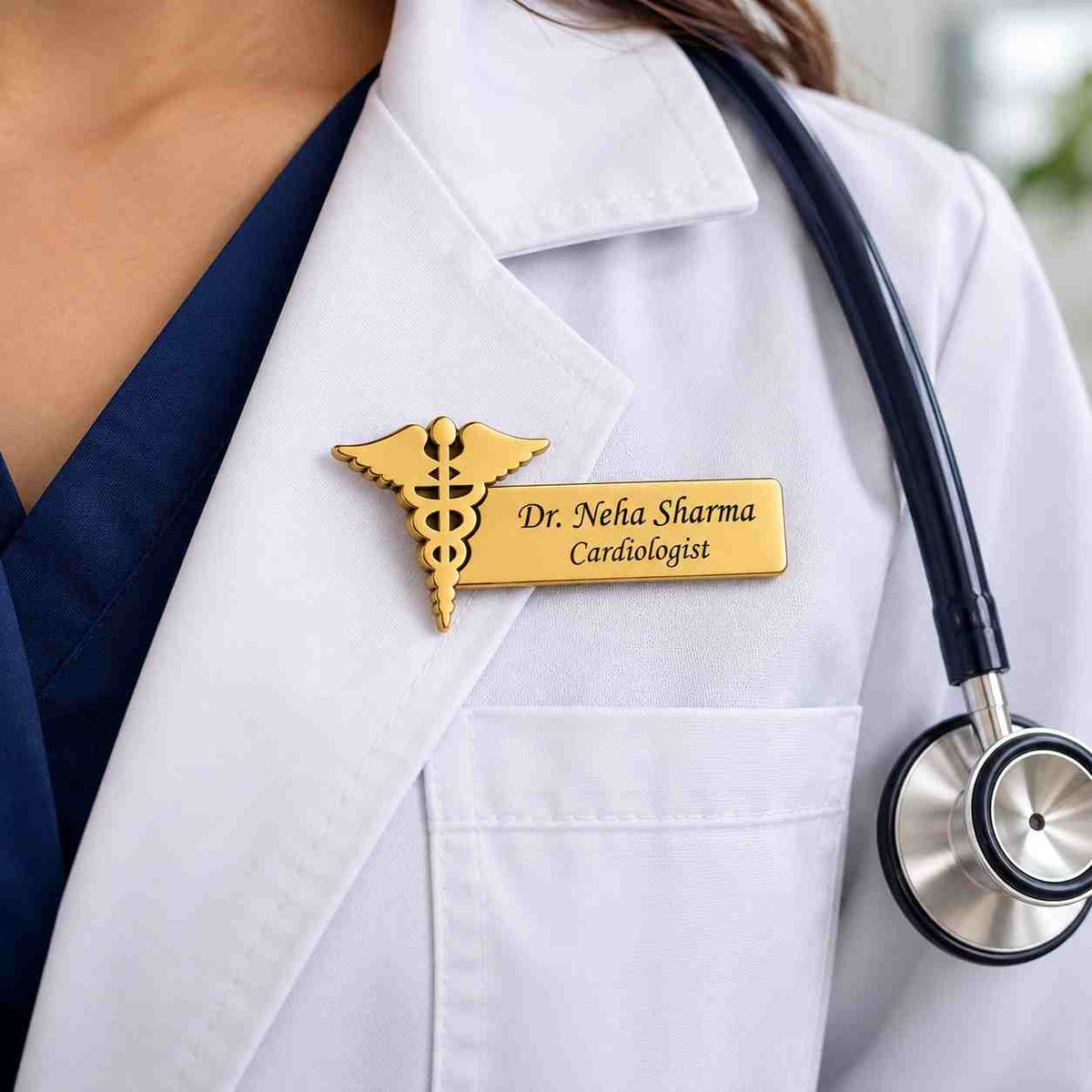 Doctor Name Badge for Dr. Neha Sharma, gold finish with medical caduceus design