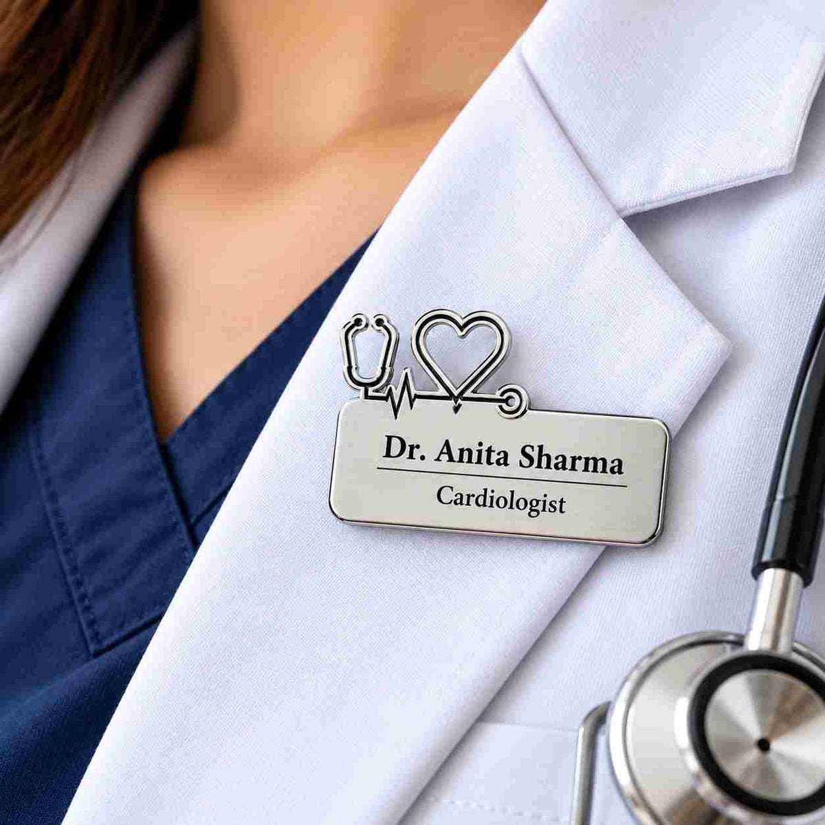 Silver personalised doctor name badge with stethoscope and heart design reading “Dr. Anita Sharma, Cardiologist,” pinned on a white doctor’s coat.