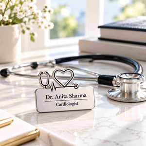 Silver personalised doctor name badge engraved “Dr. Anita Sharma, Cardiologist,” displayed on a white marble table with a stethoscope and books in the background.