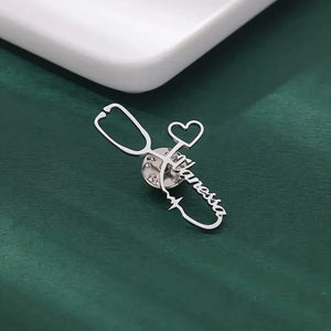 Silver personalized stethoscope nurse brooch – custom name badge for healthcare workers