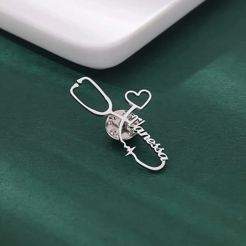 Silver personalized stethoscope nurse brooch – custom name badge for healthcare workers