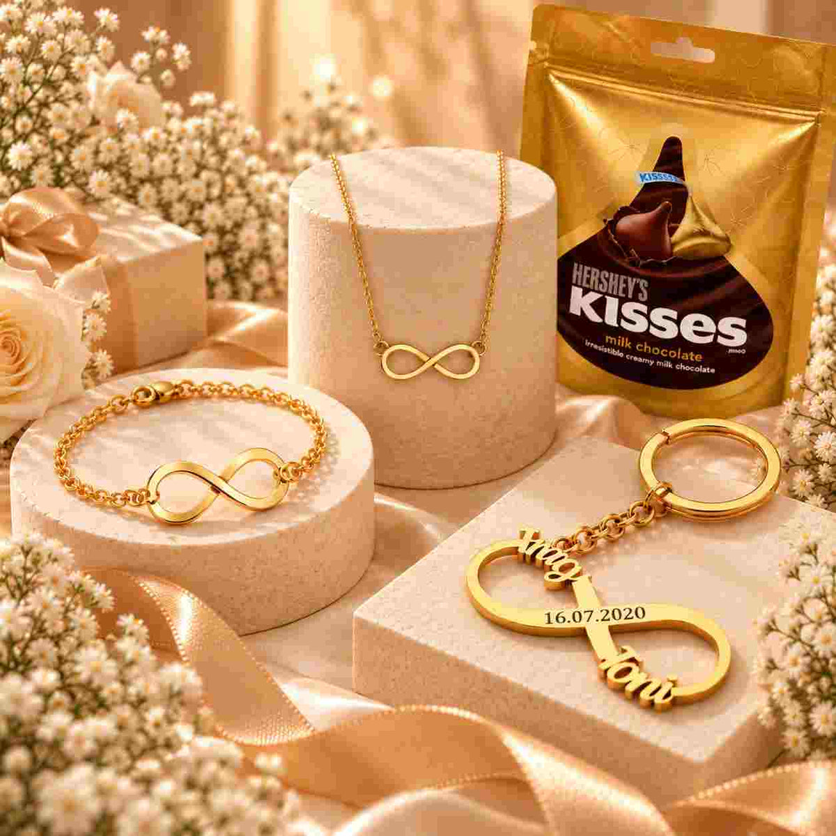 Ankx.in Gift Box for Couples with personalized infinity necklace, bracelet, keychain, and Hershey's Kisses