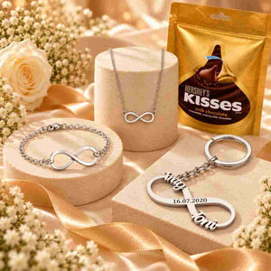Personalized Gift Box for Couples with Infinity Jewelry, Keychain, and Hershey's Kisses in Silver