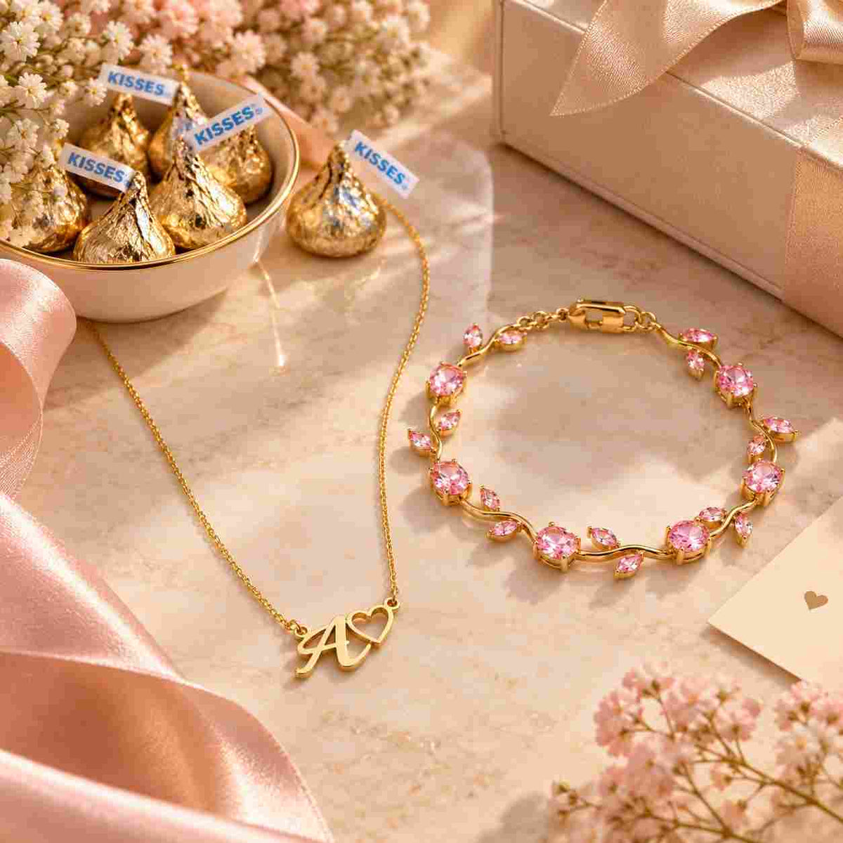Personalized gold necklace with initials 'A' and pink floral bracelet in a Gift Combo for Her