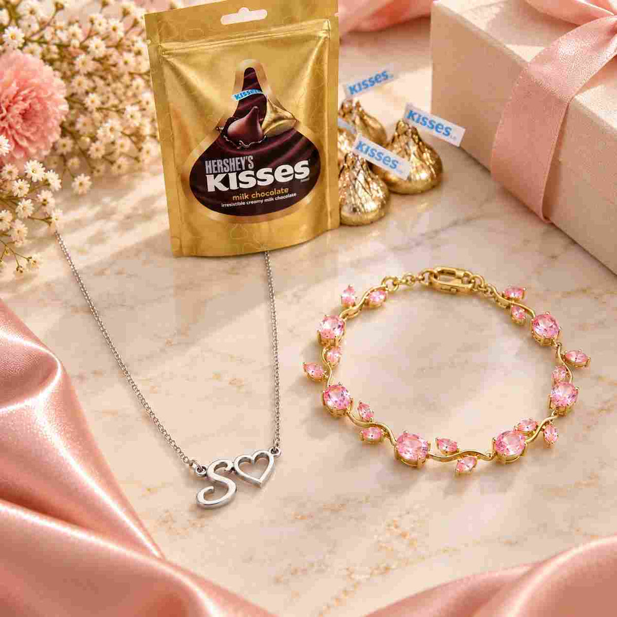 Personalized Silver Necklace with Initial 'S' and Pink Floral Bracelet Gift Combo for Her with Hershey's Kisses