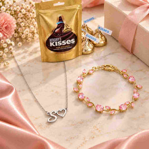 Personalized Silver Necklace with Initial 'S' and Pink Floral Bracelet Gift Combo for Her with Hershey's Kisses