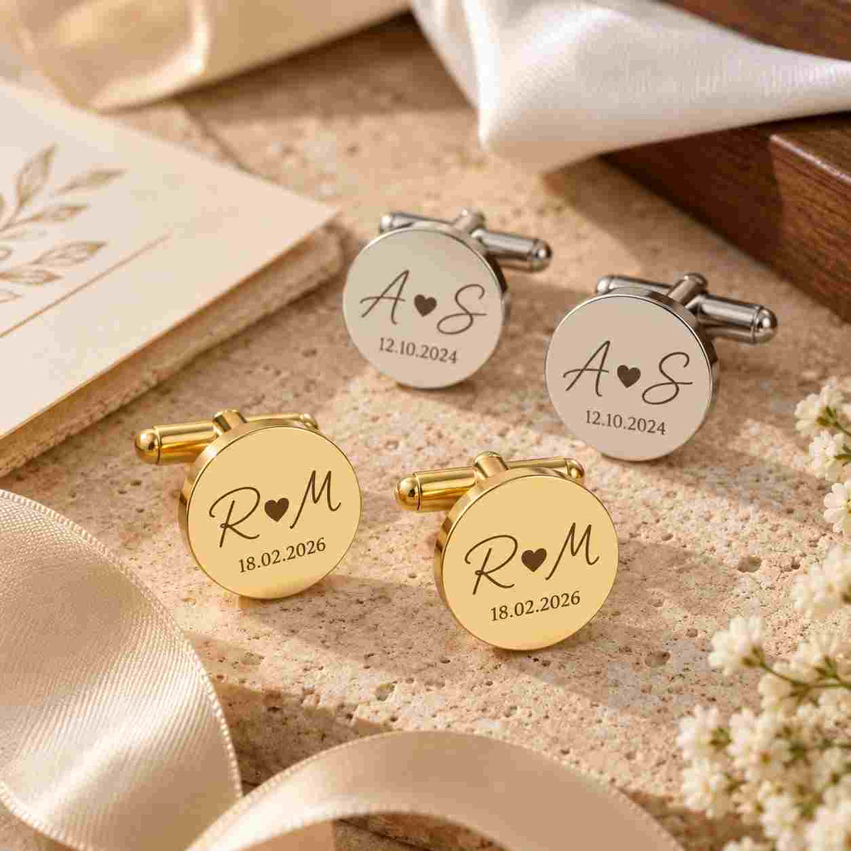 Personalized gold and silver initial cufflinks with custom wedding date engraving