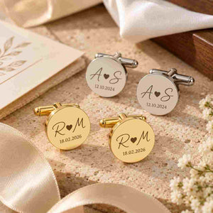 Personalized gold and silver initial cufflinks with custom wedding date engraving