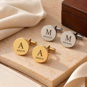 Personalized gold and silver round cufflinks with custom initials and names for wedding gifting