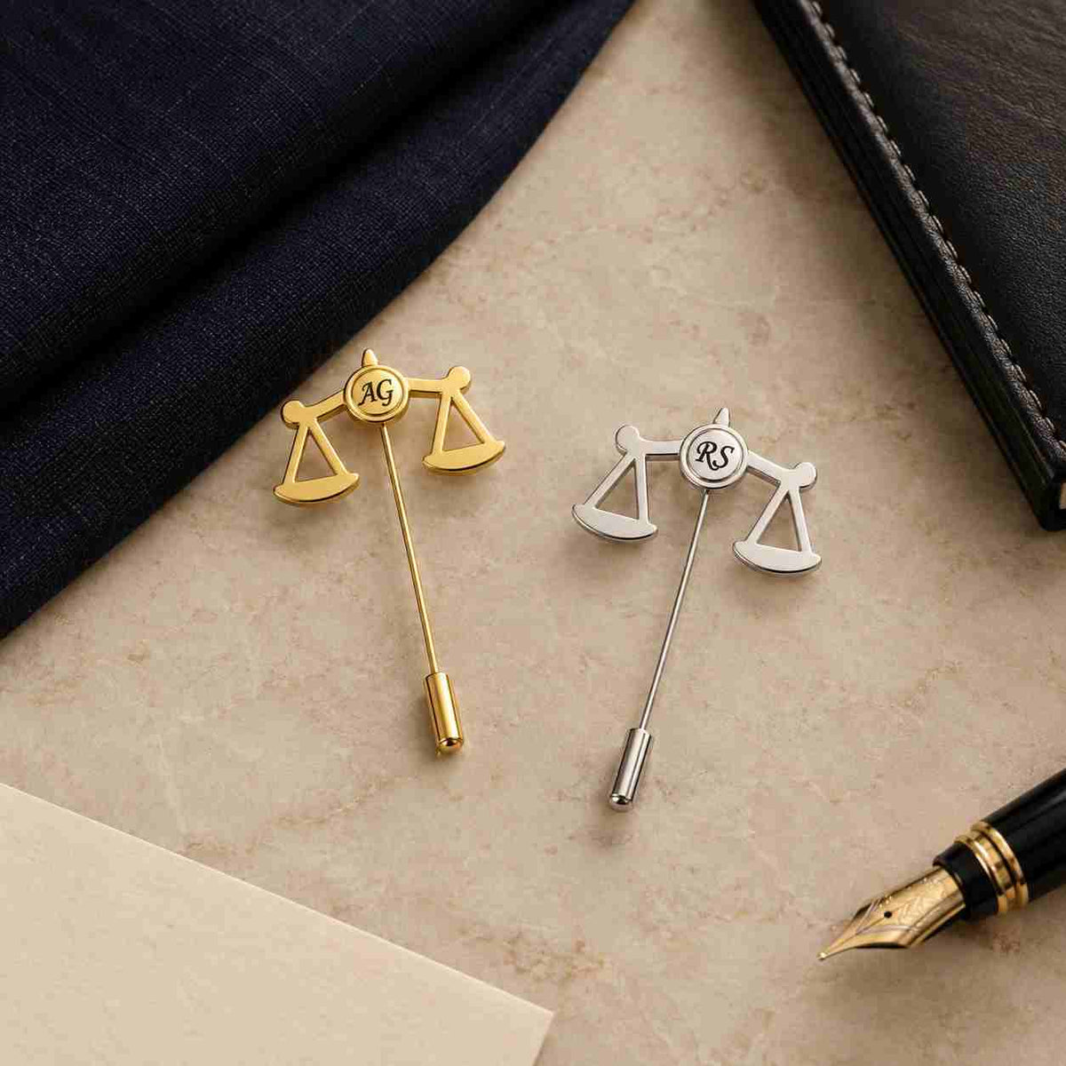 Gold and silver personalized Scales of Justice lapel pins with custom initials