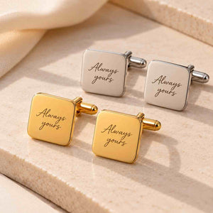 Personalized gold and silver square cufflinks with custom engraved messages for couples