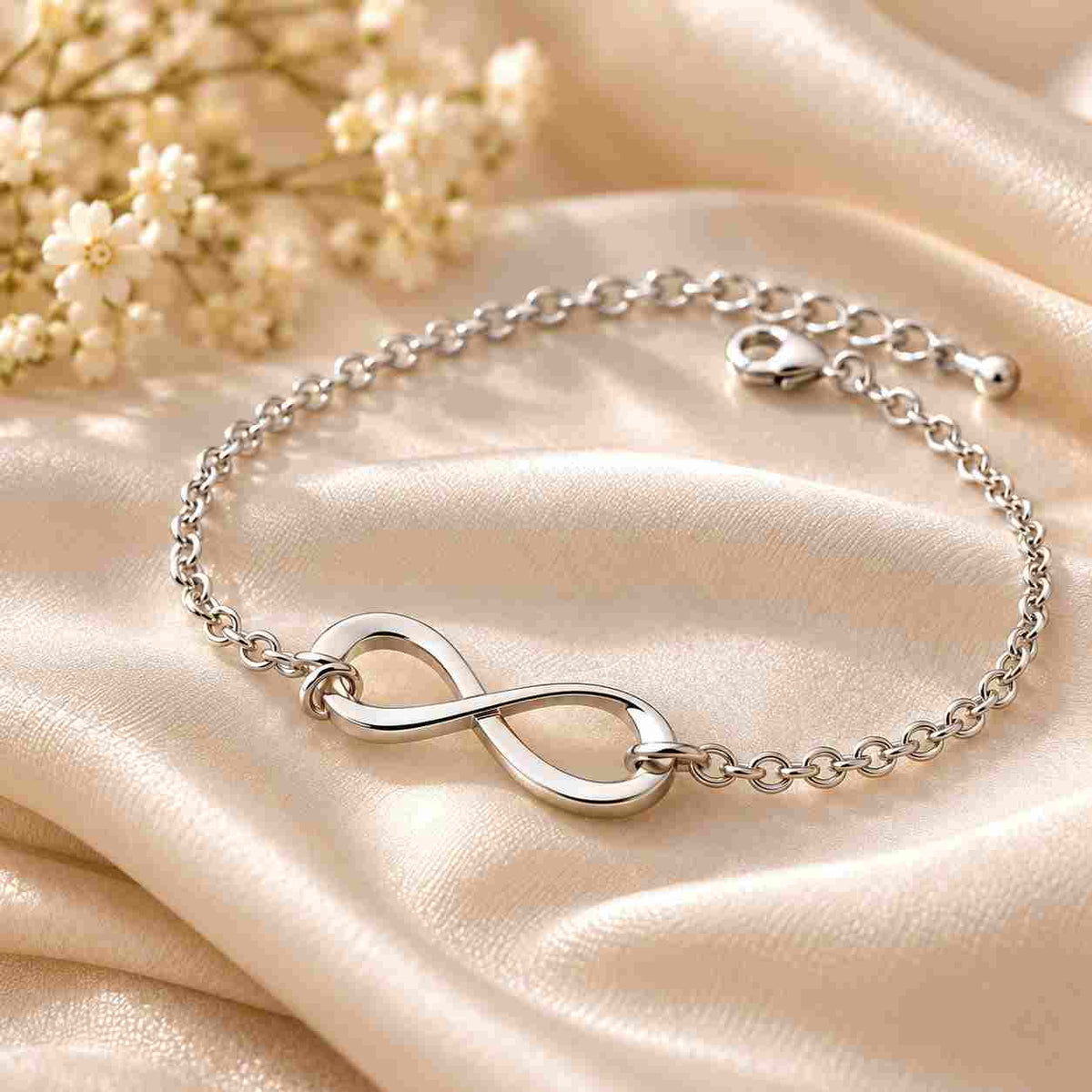 Plain silver infinity bracelet displayed on ivory satin fabric