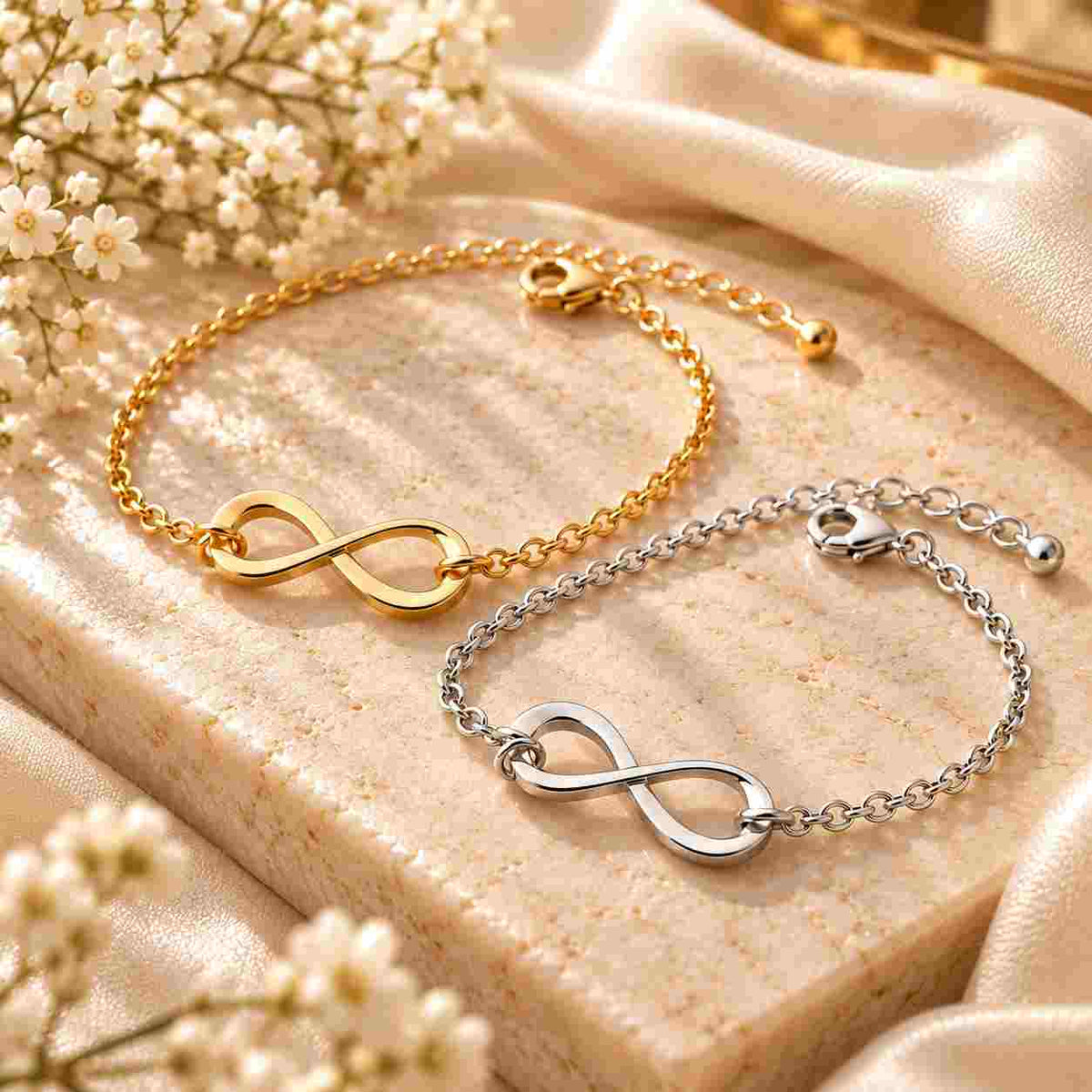 Gold and silver infinity bracelets displayed together on a beige stone surface