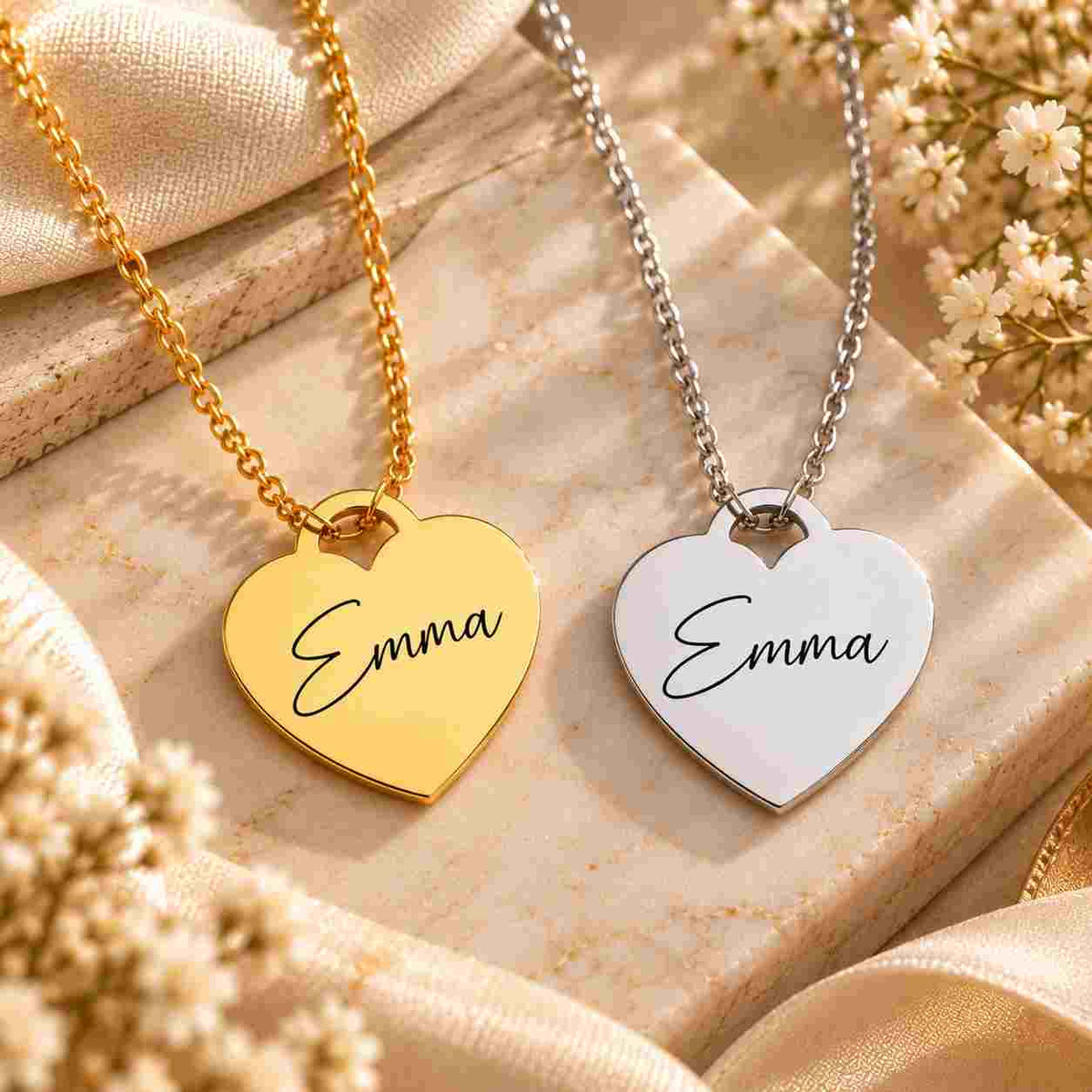 Gold and silver heart-shaped personalized necklaces engraved with the name Emma, displayed side by side on a luxury marble surface