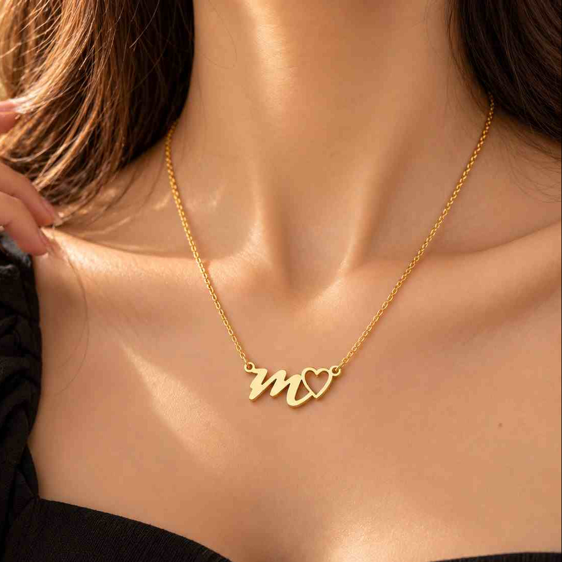 Gold Initial Necklace for Her with Personalized M and Heart Design in Stylish Finish
