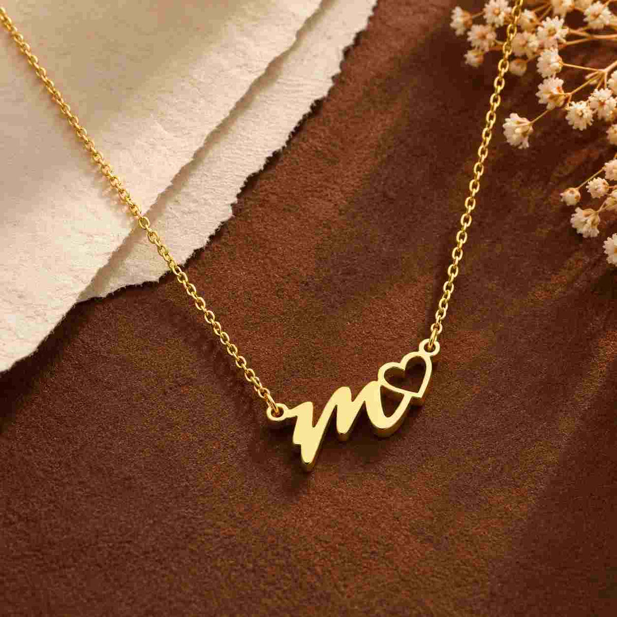 Initial Necklace for Her in Gold with Personalized Letter m and Heart Design