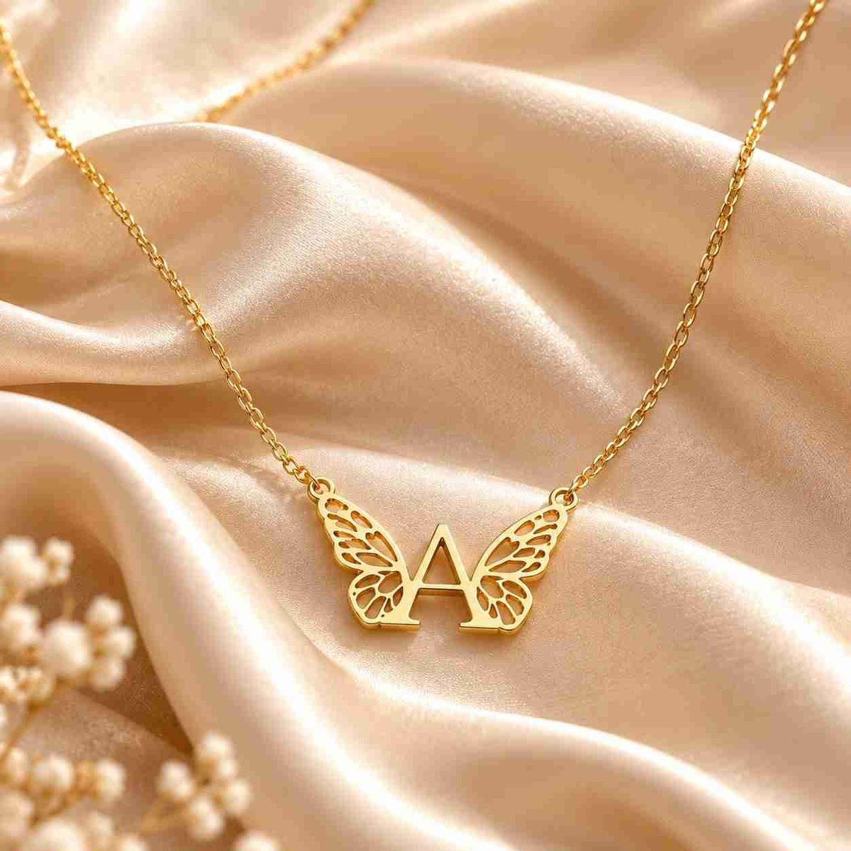 Gold Initial Necklace for Women with Butterfly Design featuring the letter A