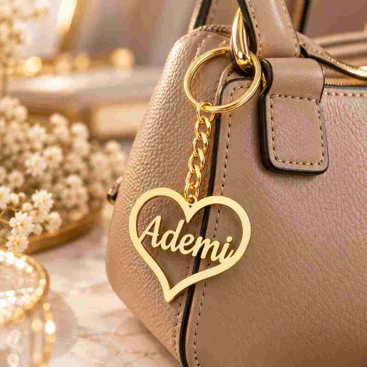 Gold personalized heart keychain with the name Ademi attached to a beige handbag in an elegant lifestyle setting.