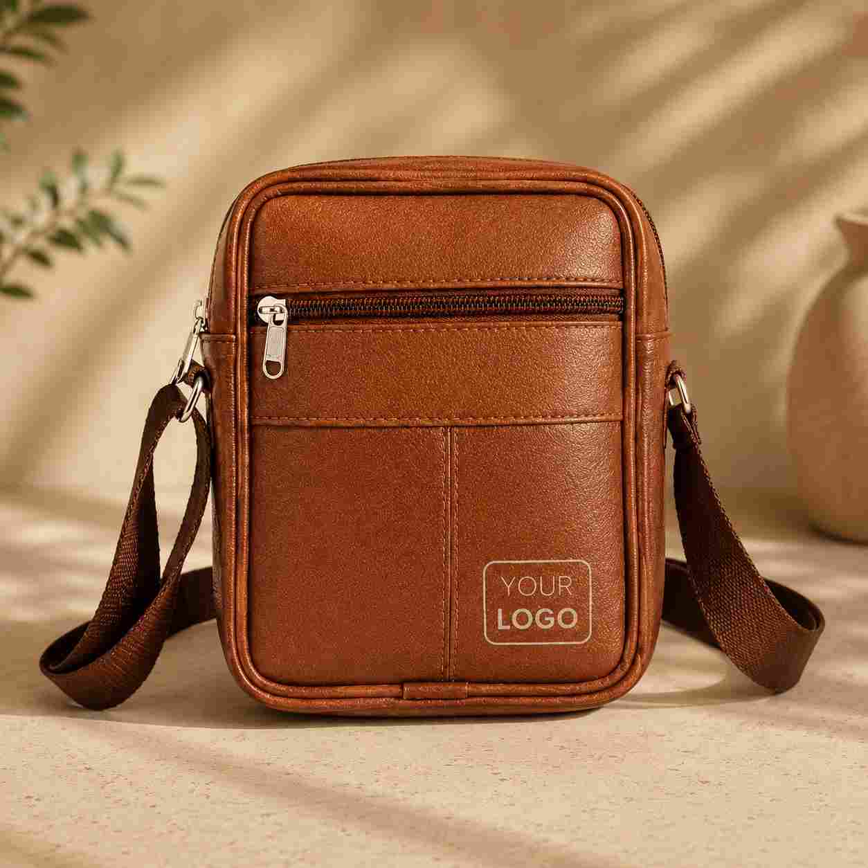 Front view of brown leather sling bag with custom logo and zip pockets
