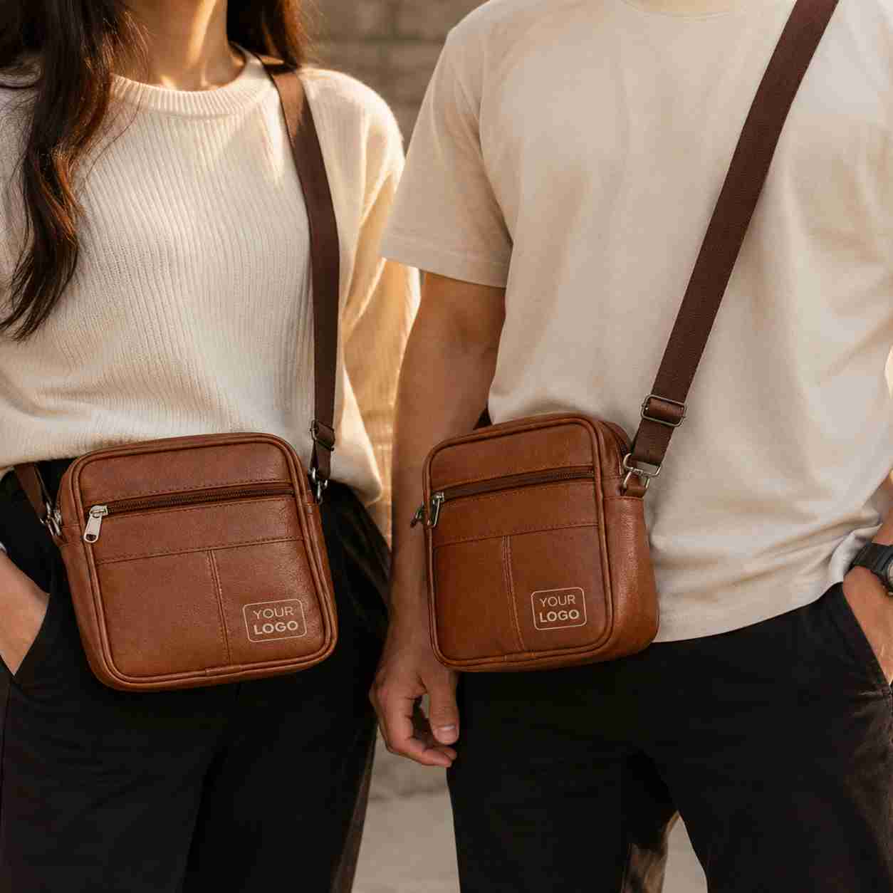 Man and woman wearing brown leather sling bags with custom logo
