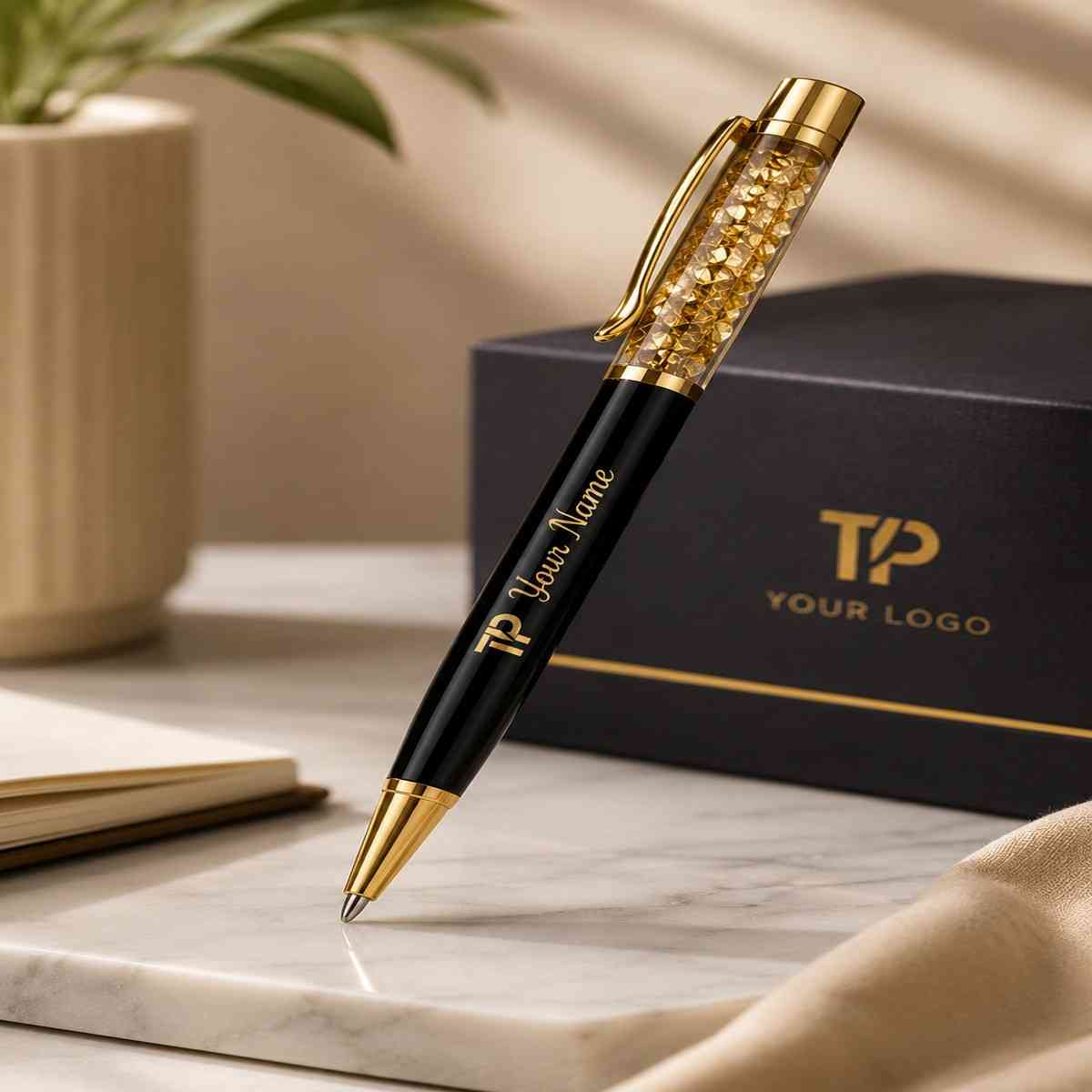 Luxury black and gold crystal pen personalized with custom name, paired with matching logo branded gift box