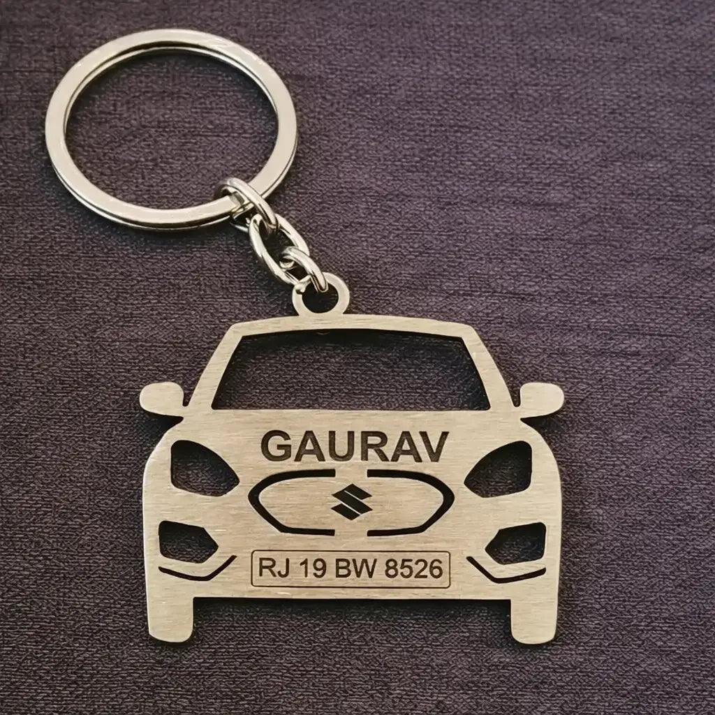 Maruti Swift Keychain in stainless steel with custom name engraving for car enthusiasts
