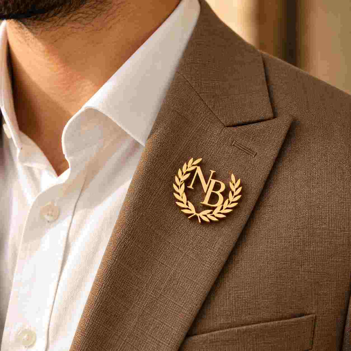 Personalized Monogram Lapel Pin in Gold featuring initials NBR for formal attire enhancement