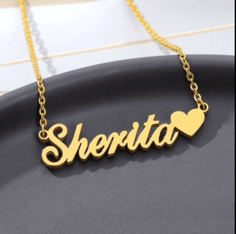 Name Necklace With Heart 22K Gold Plated