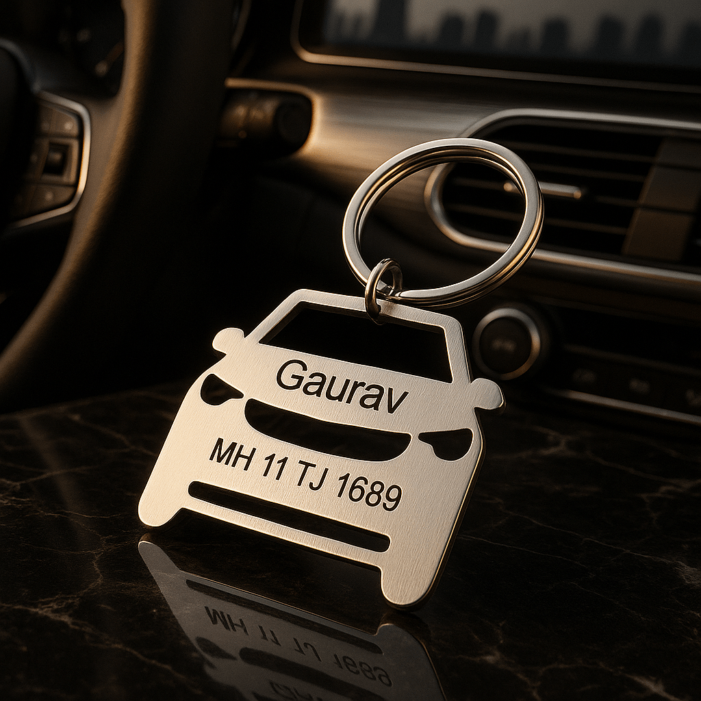 Personalized keyring with vehicle number featuring a car design and custom name engraving