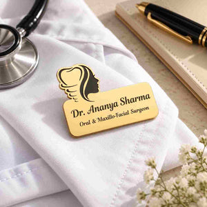Personalised Doctor Name Brooch for Dr. Ananya Sharma, gold finish with elegant silhouette design
